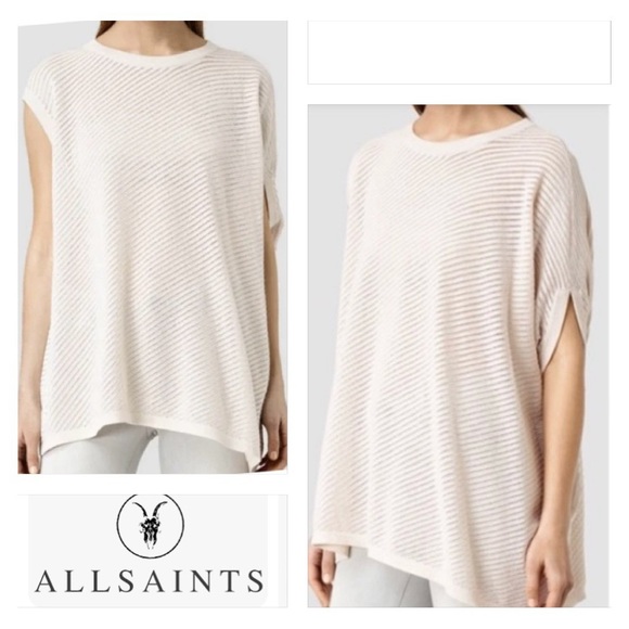 Allsaints Asymmetrical Grid Tee Knit Sweater Top Sweater Tunic Disco Cream Sz S - Picture 1 of 9